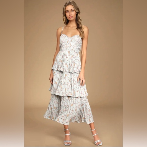Lulus Dresses & Skirts - Lulus Cascading Crush Pale Blue Floral Print Tiered Bustier Midi Dress-Small